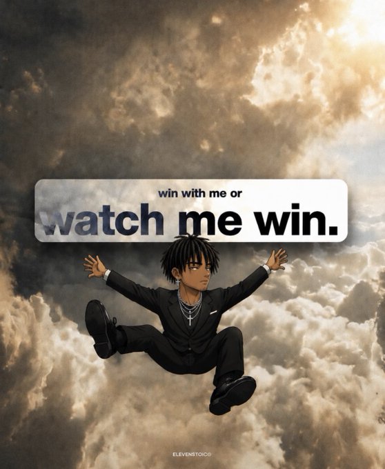 An anime-style character in a black suit falls or floats through dramatic clouds with the text "win with me or watch me win." overlaid.
