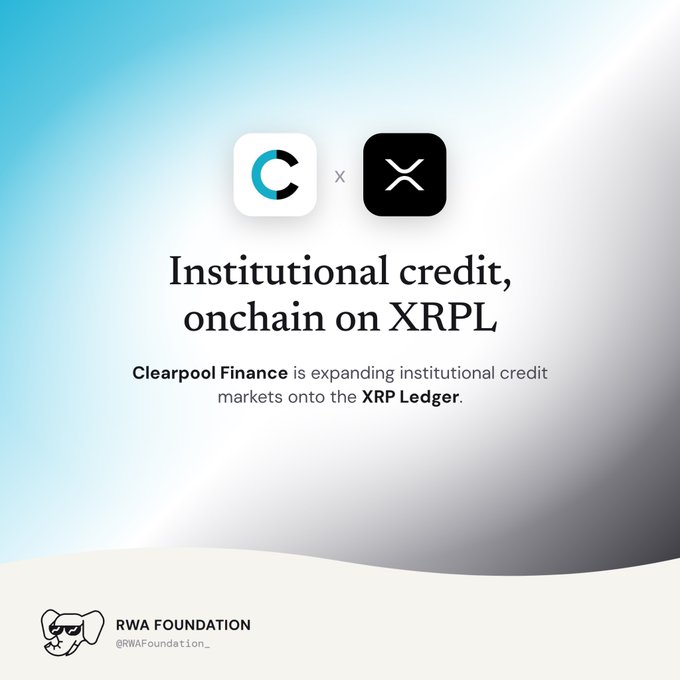 A promotional graphic featuring the Clearpool (C) and XRP Ledger logos with the headline 'Institutional credit, onchain on XRPL' and a note that Clearpool Finance is expanding institutional credit markets onto the XRP Ledger, posted by RWA Foundation.