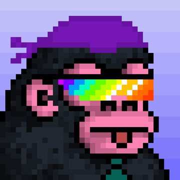 A pixel art portrait of a character wearing a purple cap with rainbow-colored sunglasses on a light purple background.