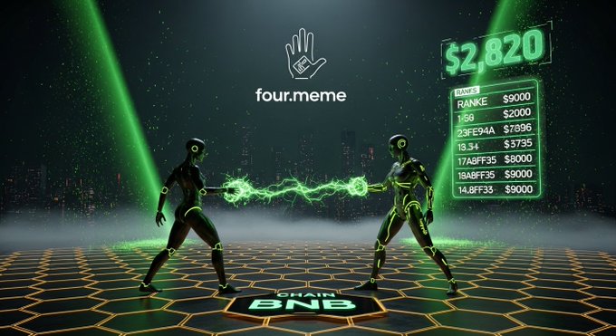 The image features two green robots with glowing green hands engaged in combat. They are positioned at opposite ends of a hexagonal platform, which has the words "We build We ship On" written above them. The background shows a cityscape with buildings and other structures, suggesting that this scene takes place in an urban environment.