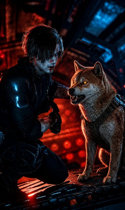 A cinematic digital artwork showing a wounded warrior kneeling in a dark, red-lit environment beside an alert wolf with glowing yellow eyes.