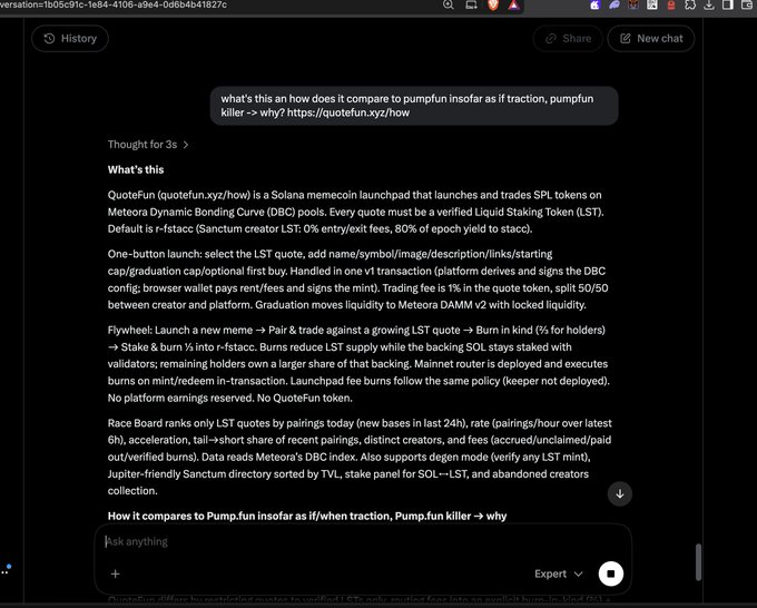 A screenshot of a dark-themed AI chatbot conversation analyzing 'QuoteFun', a Solana memecoin launchpad on Meteora Dynamic Bonding Curve (DBC) pools, comparing it to pump.fun.
