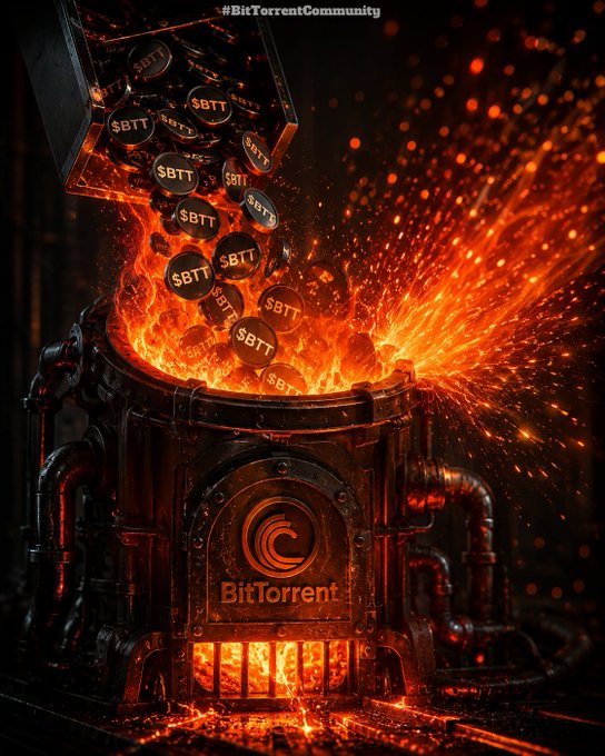 A fiery illustration of a furnace pouring tokens labeled '$BTT', with the 'BitTorrent' logo and the hashtag '#BitTorrentCommunity' at the top.