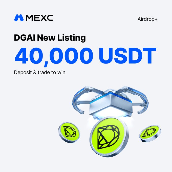 MEXC Airdrop+ promotion for the new $DGAI listing, offering 40,000 USDT in rewards for users who deposit and trade the token. The image features a futuristic robotic device alongside green DGAI coin graphics, aligning with the Decentralized AI Smart Network theme.