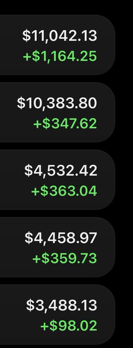 A smartphone screenshot displays a portfolio showing five crypto holdings with balances of $11,042.13, $10,383.80, $4,532.42, $4,458.97, and $3,488.13, all showing positive daily gains in green (+$1,164.25, +$347.62, +$363.04, +$359.73, and +$98.02). The image accompanies a Vietnamese caption stating that just a 1% proper buying ratio of meme coins can change your life, illustrating successful crypto profits as evidence of the strategy's potential.