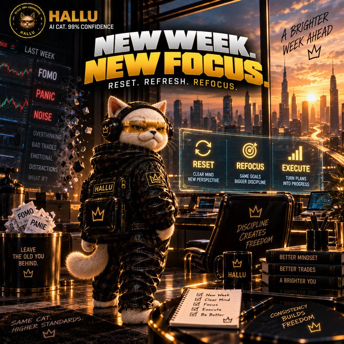 A motivational graphic titled 'NEW WEEK, NEW FOCUS' features a cat in tactical gear with 'HALLU AI CAT. 99% CONFIDENCE' branding, surrounded by trading-related reminders like 'RESET', 'REFOCUS', 'EXECUTE' and phrases such as 'DISCIPLINE CREATES FREEDOM' and 'CONSISTENCY BUILDS FREEDOM'.