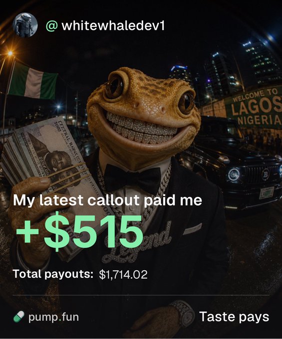 A frog character in a suit flashes a diamond-encrusted grin and a thick stack of cash against a Lagos nightscape, promoting the pump.fun profile "@whitewhaledev1" with a recent callout profit of +$515 and total payouts of $1,714.02. The image aligns with the post's offer of 0.1 SOL to two reply guys following the account on the pump.fun mobile app.