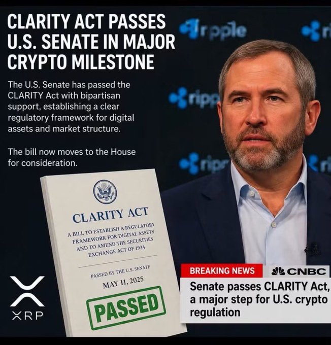 A CNBC breaking news graphic announcing 'CLARITY Act Passes U.S. Senate in Major Crypto Milestone' on May 11, 2025, featuring a portrait of Brad Garlinghouse with Ripple and XRP logos.