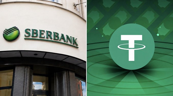 A side-by-side image showing a 'SBERBANK' storefront sign on the left and the green Tether (USDT) logo on the right.