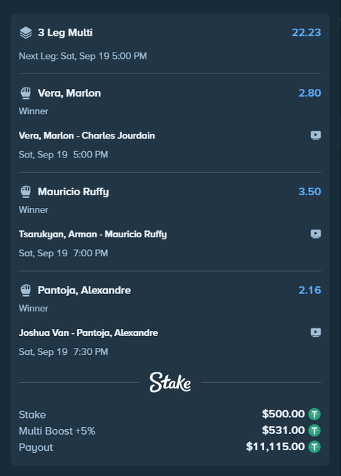 The image shows a Stake sports betting slip for a 3-leg multi wager from Saturday, September 19th, featuring MMA picks on Vera/Marlon (2.80), Mauricio Ruffy (3.50), and Pantoja/Alexandre (2.16), with Alex Pereira appearing to back these selections as part of a $500 stake that yields an $11,115 payout. The slip supports the post's promotion where the user is offering to give $5,000 to 10 participants who engage with the post if the multi-leg bet hits.