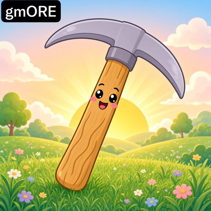 A cute, cartoon-style illustration of an anthropomorphic hammer with a smiling face on its wooden handle, standing in a bright grassy field at sunset with the 'gmORE' logo in the corner.