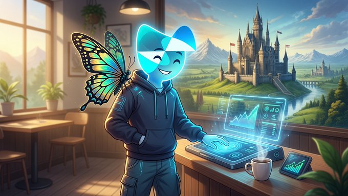 A colorful digital illustration of a glowing blue mascot character with a butterfly wing, standing at a counter with holographic screens, set against a fantasy castle backdrop.