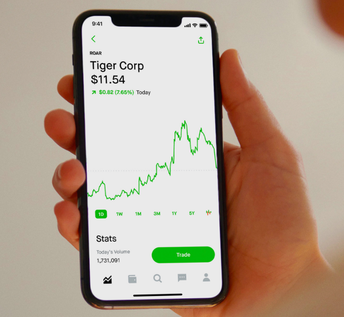 A hand holds a smartphone displaying the Robinhood app's stock page for fictional "Tiger Corp" (ticker: $ROAR), trading at $11.54 with a 7.65% gain, as seen on a rising green chart. The image illustrates the post's discovery that Robinhood already uses this mock company and ticker throughout their promotional materials.