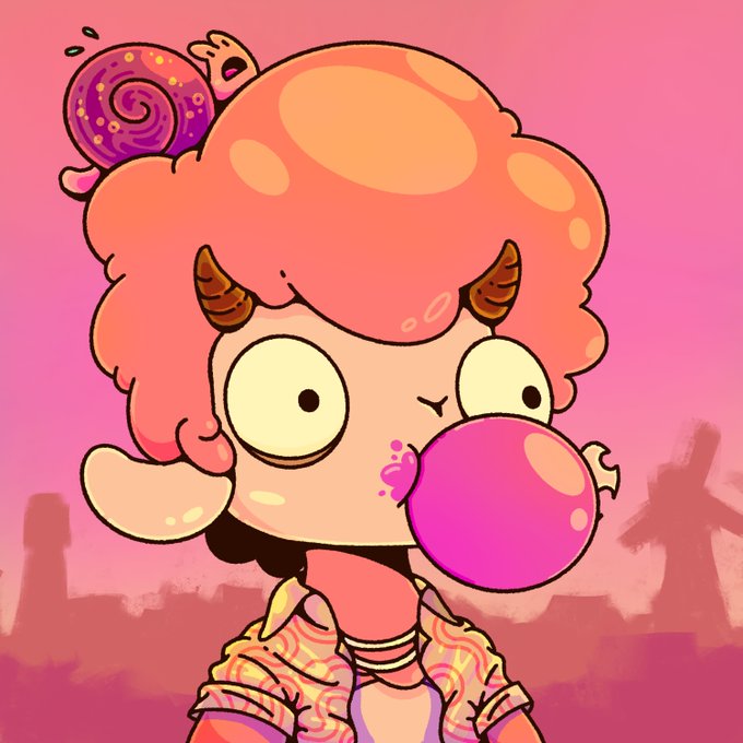 A cartoon character with pink curly hair, horns, and large eyes blowing a pink bubblegum bubble against a pink background.