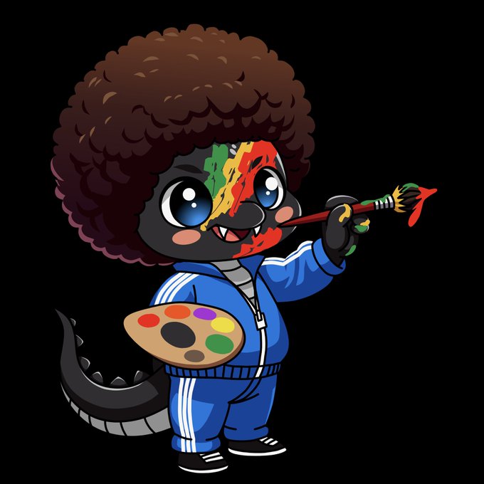 A cartoon illustration of a cute character with a brown afro, wearing a blue tracksuit and holding a paint palette and brush, with paint smeared on its cheek.