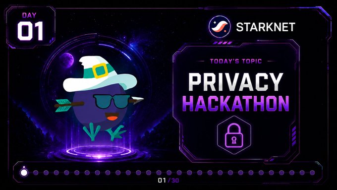 Digital graphic for Starknet 'Privacy Hackathon' Day 01 (01/30), featuring a purple eggplant character wearing a wizard hat and sunglasses on a cosmic background.