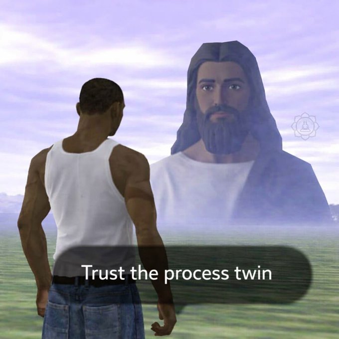 A video game character in a white tank top faces a large projection of Jesus against a sky background, with the text 'Trust the process twin' overlaid.