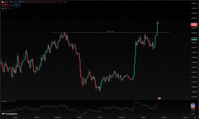 A TradingView chart showing BTCUSDT candlestick data with price movement ranging roughly between 60,000 and 86,000.