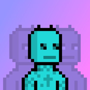 A pixel-art style portrait of a green, blocky character with a neutral expression, set against a soft pink-to-purple gradient background.