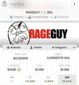 A small, low-resolution screenshot showing a meme coin profile for 'RAGEGUY' with market cap and other token statistics.