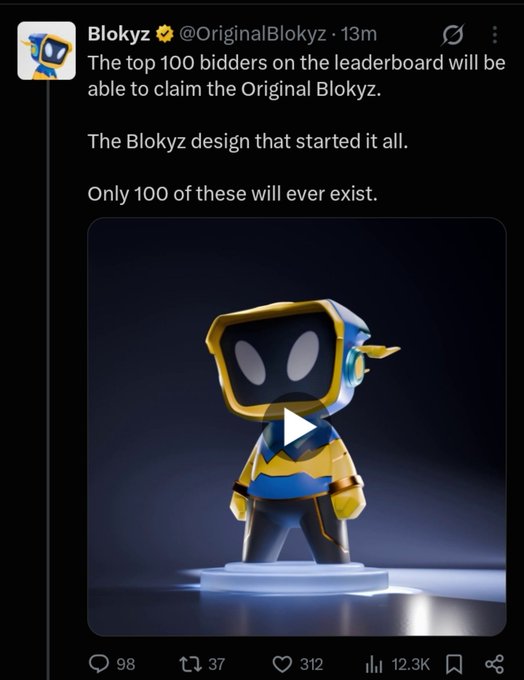 A Twitter/X post from Blokyz (@OriginalBlokyz) announces that the top 100 bidders will claim the 'Original Blokyz' NFT design, featuring an image of a blue and yellow robot character with 98 replies, 37 retweets, and 12.3K views.