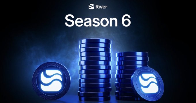 A dark, atmospheric promotional image displays "River" at the top alongside the brand's logo, with "Season 6" prominently featured above stacks of glowing blue coins bearing the River "S" emblem. The image visually ties to the post's announcement of River's Season 6 launch, reinforcing the ecosystem's multi-layered growth strategy (infrastructure and community) through its branded token imagery.