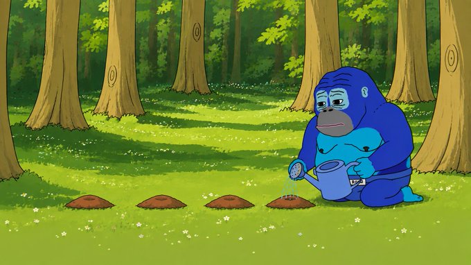 A cartoon blue gorilla watering four mounds of dirt in a forest clearing, holding a blue watering can.