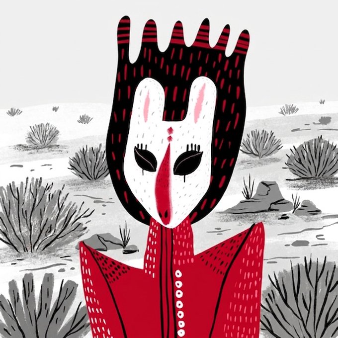 A stylized illustration of a white masked figure with a red and black headdress, wearing a red garment, set against a sparse landscape.