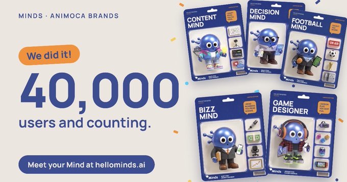 A promotional banner reading 'MINDS · ANIMOCA BRANDS' and 'We did it! 40,000 users and counting. Meet your Mind at hellominds.ai', displaying packaged blue character figurines labeled 'CONTENT MIND', 'DECISION MIND', 'FOOTBALL MIND', 'BIZZ MIND', and 'GAME DESIGNER'.