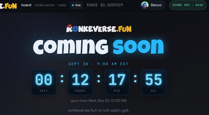 A 'Coming Soon' countdown webpage for RONKEVERSE.FUN showing a timer set for Sept 30, 9:00 AM EST, with 12 hours, 17 minutes, and 55 seconds remaining.