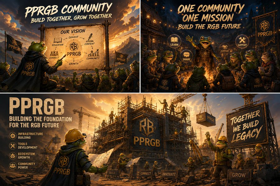 A collage of three illustrations featuring anthropomorphic frogs wearing construction gear and PPRGB cloaks, building the "RGB Future" together through community efforts in education, content, and growth—visually echoing the post's message about collective ecosystem building rather than empty slogans.