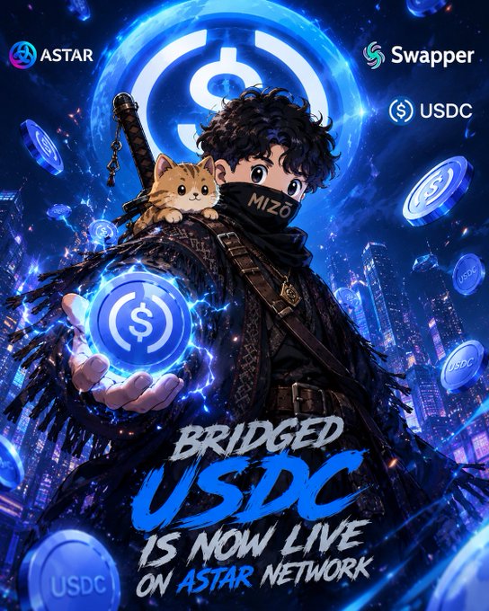 Anime-style promotional graphic announcing 'Bridged USDC is now live on Astar Network,' featuring a masked character holding a USDC coin with a cat on his shoulder, branded with ASTAR, Swapper, and USDC logos.
