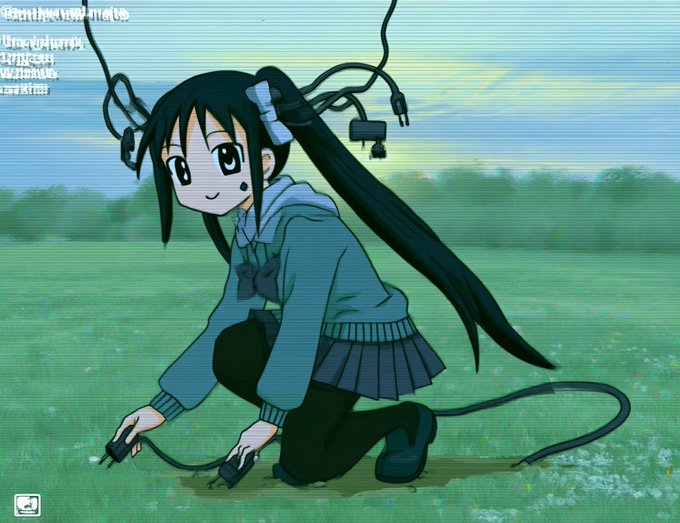 An anime-style illustration of a black-haired girl in a school uniform crouching in a grassy field, with power cords and plugs tangled in her hair, and stylized text in the upper left corner.