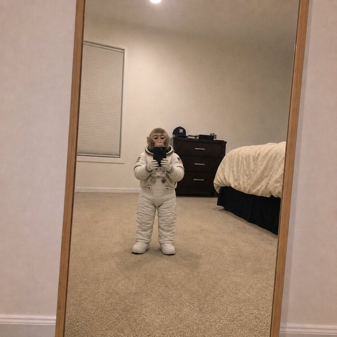 A monkey wearing a white spacesuit-style outfit takes a mirror selfie with a phone in a bedroom with a dresser and bed visible.