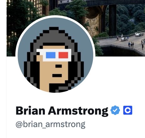 This image shows a pixel art-style profile picture styled like a CryptoPunk NFT, depicting a hooded figure wearing iconic red and blue 3D glasses—commonly associated with the "Laser Eyes" or "Cobie" persona on crypto Twitter. Below the avatar, the name "Brian Armstrong" appears with a Twitter verification checkmark and a Coinbase logo, along with the handle "@brian_armstrong." The image fits the post's context of welcoming Coinbase's CEO Brian Armstrong to Twitter, referencing the "Cobie effect" on Coinbase's culture—likely highlighting Armstrong's embrace of crypto Twitter aesthetics and community-driven identity.

Text visible: "Brian Armstrong," "@brian_armstrong," Coinbase "C" logo, verified checkmark.