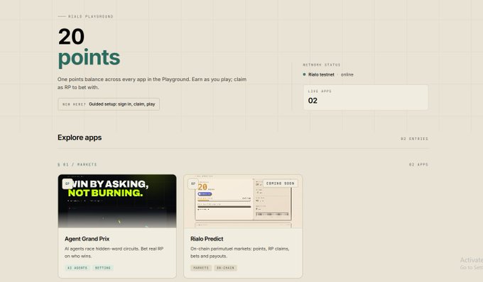A screenshot of the Rialo Playground interface showing "20 points" headline, a network status indicating "Raio testnet online," and apps including "Agent Grand Prix" and "Raio Predict."