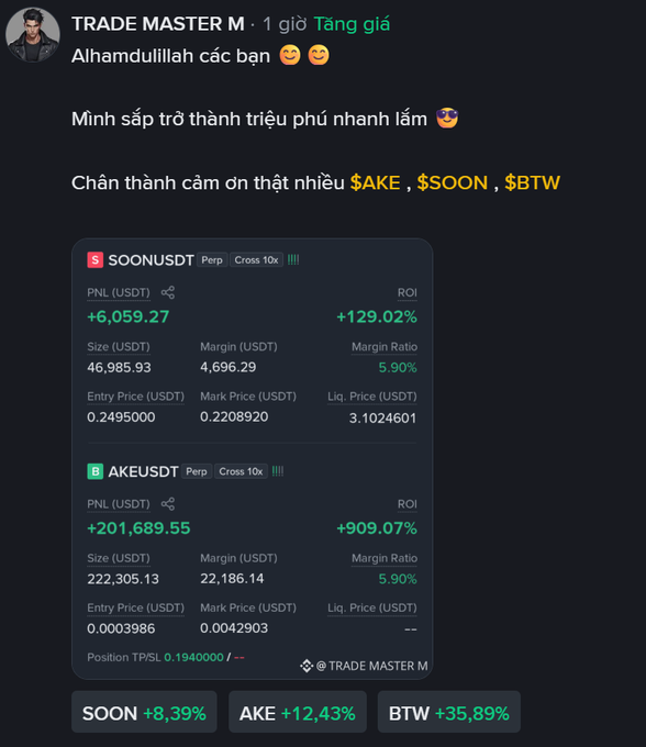 A Telegram post by "TRADE MASTER M" showing trading results for $AKE, $SOON, and $BTW, with profits of +201,689.55 USDT on AKEUSDT (+909.07%) and +6,059.27 USDT on SOONUSDT (+129.02%).