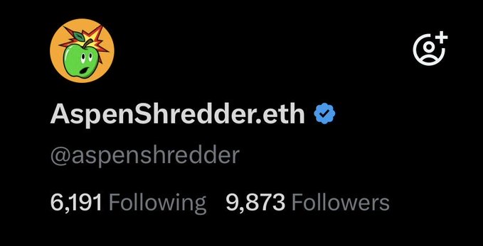 Twitter/X profile for AspenShredder.eth (@aspenshredder) with verified checkmark, 6,191 Following and 9,873 Followers.