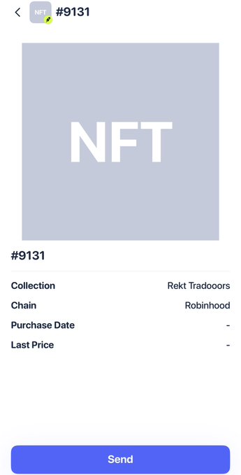 A mobile interface displaying NFT #9131 with a generic gray placeholder image, listed in the 'Rekt Tradoors' collection on the Robinhood chain, featuring a blue 'Send' button at the bottom.