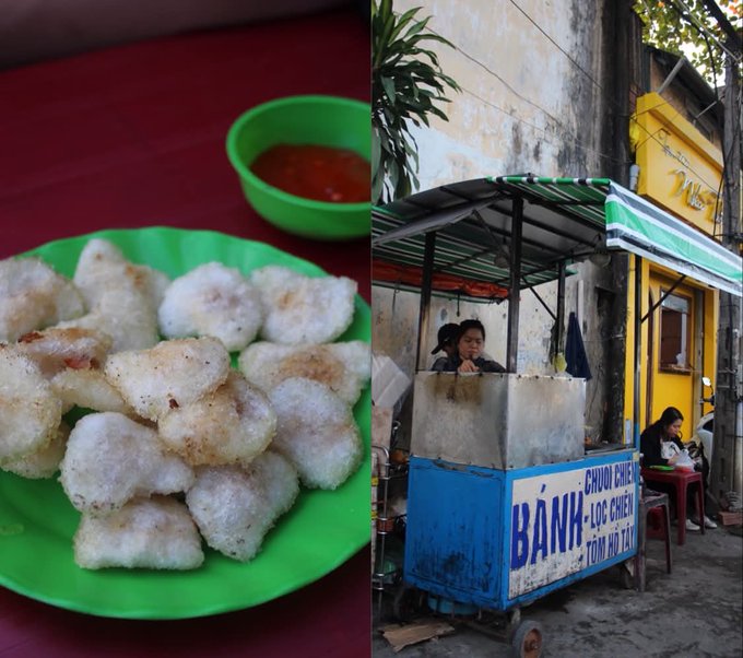 A split image: on the left, a green plate of fried food with a small bowl of red dipping sauce; on the right, a street vendor cart labeled 'BÁNH' selling 'CHUỐI CHIÊN, LỌC CHIÊN, TÔM RẮT TẬT' on a narrow street.