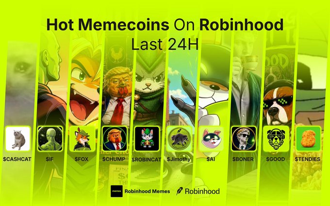 The image is a promotional graphic titled "Hot Memecoins On Robinhood - Last 24H," featuring ten cartoon-style avatars representing trending meme tokens, with their tickers labeled below: $CASHCAT, $IF, $FOX, $CHUMP, $ROBINCAT, $Jimothy, $AI, $BONER, $GOOD, and $TENDIES, against a green background with "Robinhood Memes" and "Robinhood" logos at the bottom, matching the accompanying post that highlights these as the day's top picks.