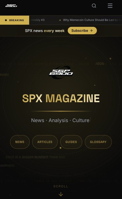The image is a sleek, dark-themed landing page header for "SPX6900 Magazine," featuring the brand's logo at the top and the tagline "SPX MAGAZINE — News · Analysis · Culture" centered prominently. Navigation buttons for News, Articles, Guides, and Glossary appear below, along with a "Subscribe" prompt for weekly SPX news. A faint ticker-tape background highlighting "$SPX" and "AEON" reinforces the crypto-market branding referenced in the accompanying announcement.