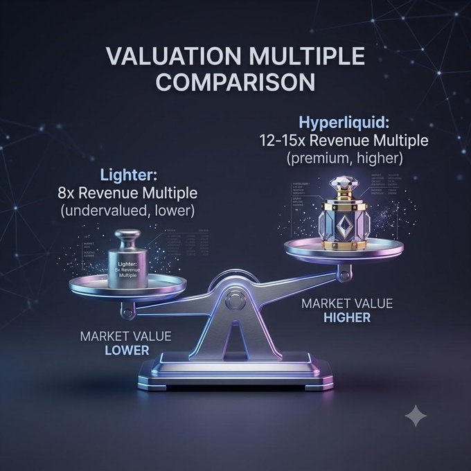 A digital infographic titled 'VALUATION MULTIPLE COMPARISON' showing a balance scale weighing 'Lighter' (8x Revenue Multiple, undervalued, lower) against 'Hyperliquid' (12-15x Revenue Multiple, premium, higher).