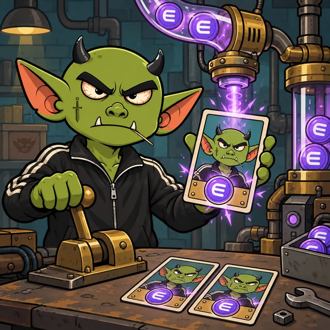 AI-generated illustration of a green goblin-like character operating machinery while holding a glowing card with its own face on it, surrounded by purple coins in an industrial setting.
