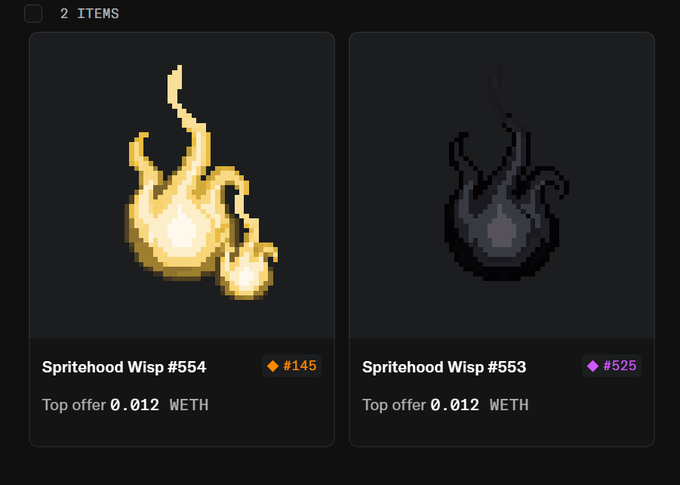 The image shows two NFT listings from a collection called "Spritehood" — Wisp #554 and Wisp #553 — each with a top offer of 0.012 WETH, illustrating the marketplace result likely following the user @ColeThereum's action.