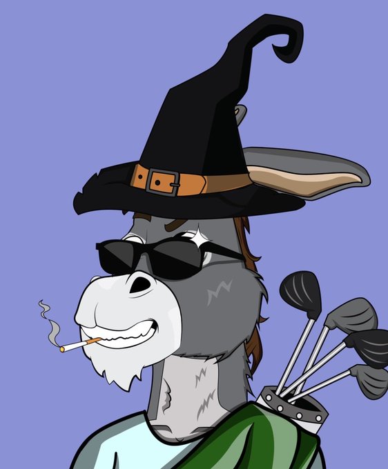 An illustration of a gray wolf or husky character wearing a black witch hat, sunglasses, smoking a cigarette, and carrying golf clubs on their back, set against a purple background.