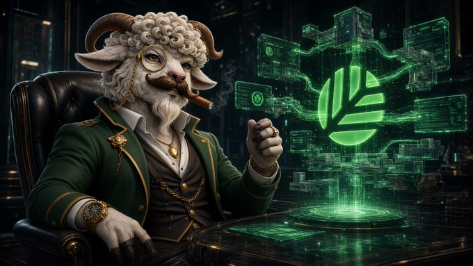 An AI-generated image of an anthropomorphic ram with a mustache and monocle, wearing a green suit and smoking a cigar, seated in a leather chair while interacting with a glowing green holographic interface featuring a leaf logo.