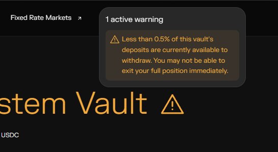 A screenshot of a financial interface showing a warning that less than 0.5% of a vault's deposits are available to withdraw, labeled 'Fixed Rate Markets' with USDC.