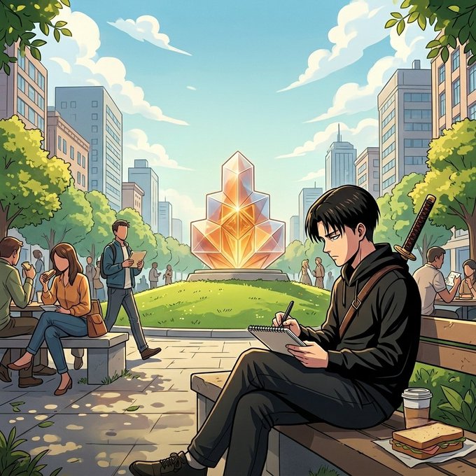 In this image, there are several people sitting on benches throughout an urban park setting. One man sits alone at a bench with a notebook and pen, writing something down. The scene captures the essence of daily life in an urban environment where people can enjoy some leisure time outdoors amidst the cityscape.