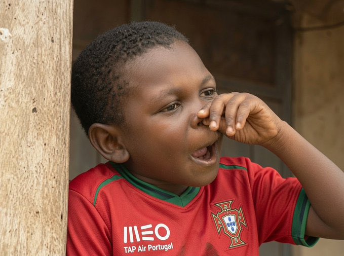A young boy wearing a red Portugal national football jersey with 'MEO' and 'TAP Air Portugal' sponsor logos smiles while covering his nose with his hand against a wooden post background.
